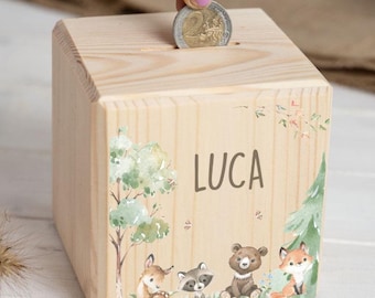 Salvadanaio personalizzato per bambini con nome, animali del bosco cervo orso volpe, salvadanaio in legno, regalo di Natale, salvadanaio