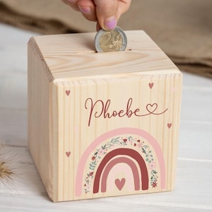 Spardose Kind personalisiert mit Name, Regenbogen Floral, Spardose, Sparwürfel Holz, Weihnachtsgeschenk, Spardose Baby, Sparschwein,