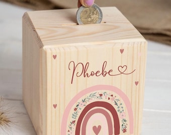 Salvadanaio per bambini personalizzato con nome, floreale arcobaleno, salvadanaio, cubo di denaro in legno, regalo di Natale, salvadanaio per bambini, salvadanaio,