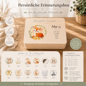 Personalisierte Erinnerungsbox aus Holz für Kinder | Erinnerungskiste Geburt Taufe | Wunschname & Geburtsdaten | 12 Tiermotive | 4 Größen