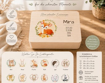 Personalisierte Erinnerungsbox aus Holz für Kinder | Erinnerungskiste Geburt Taufe | Wunschname & Geburtsdaten | 12 Tiermotive | 4 Größen