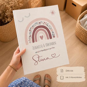 Zeugnismappe Regenbogen Leinen mit Namen personalisiert Dokumentenmappe Urkundenmappe Ringbuch Zeugnisordner mit 5 Klarsichtfolien DINA4
