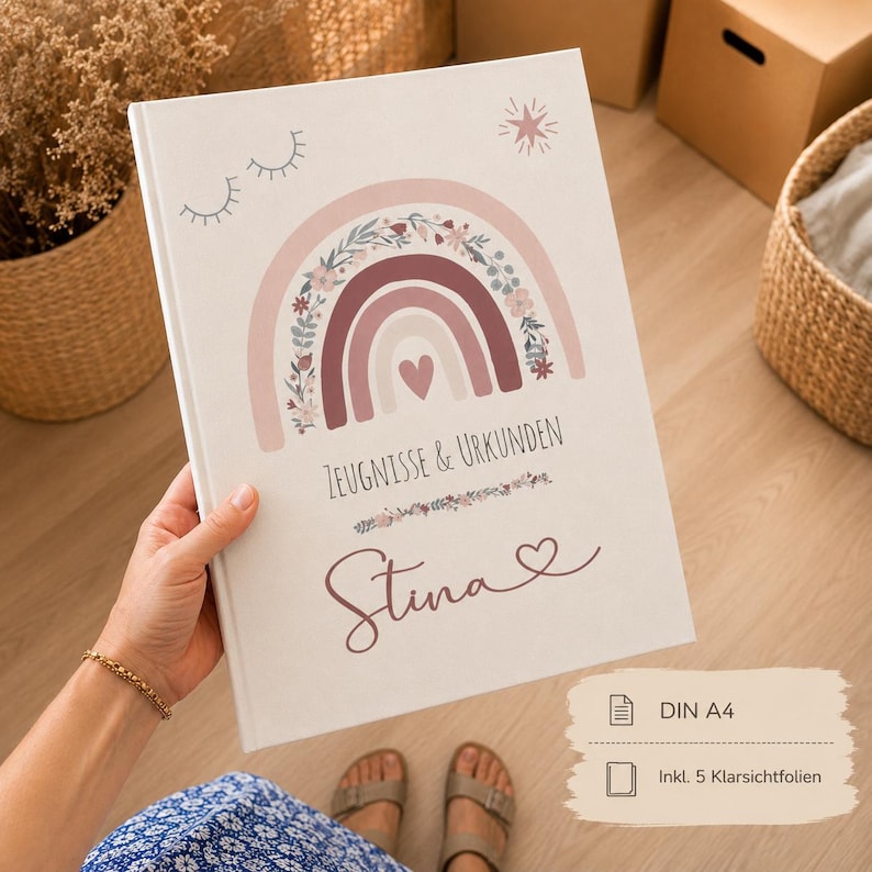 May include: A white A4 binder with a floral rainbow graphic in shades of pink and burgundy, featuring a small heart, closed eyes, and a star. The text reads "Zeugnisse & Urkunden" and the name "Stina" in a script font, with 5 clear sleeves included.