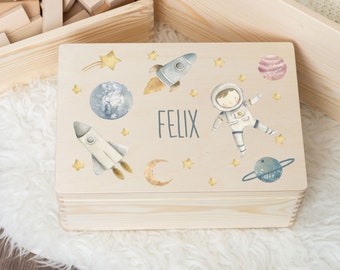 Coffret souvenir personnalisé | Coffret en bois | Coffret de rangement | Astronaute spatial | Coffret souvenir bébé baptême anniversaire | Coffret en bois