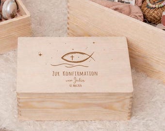 Gepersonaliseerde bewaardoos voor vormsel | Houten doos | Opbergdoos | Bewaardoos voor communie, doop, verjaardag | Ichtus Fish