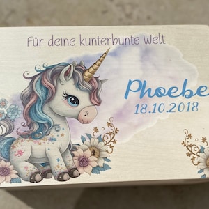 Personalisierte Erinnerungskiste | Holzkiste | Aufbewahrungskiste | Einhorn | Unicorn| Erinnerungsbox Baby Taufe Geburtstag | Holzkiste
