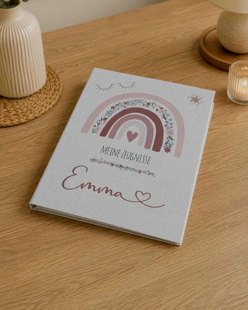 May include: A light gray hardcover book featuring a printed design of a floral rainbow with a heart, closed eyes, and a star. The text reads "MEINE ZEUGNISSE" above the name "Emma" which is written in a cursive script with a small heart at the end.