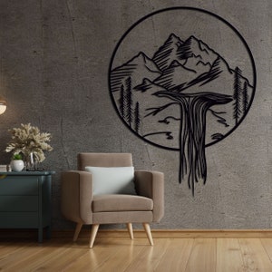 Wood Wall Art Geometric Mountains and Waterfall Wood Wall Art Minimalist Wall Art Home Decor Mountains image 1