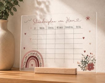 Emploi du temps personnalisé - Cadeau de rentrée scolaire - Anniversaire - Nouvel An scolaire - Verre acrylique lavable - Motif floral arc-en-ciel pour filles