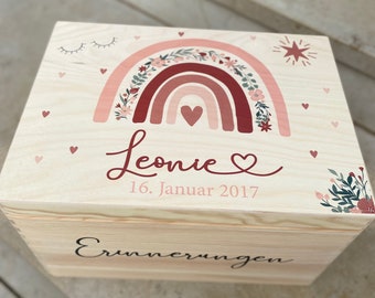 Gepersonaliseerde Keepsake Box | houten kist | opbergdoos | Regenboog Herinneringen Baby Doop Verjaardag Herinneringsdoos