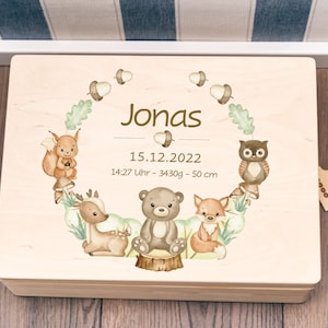Personalisierte Erinnerungskiste Waldtiere | Holzkiste | Aufbewahrungskiste | Erinnerungsbox Baby Taufe Geburtstag | Boho Waldtiere