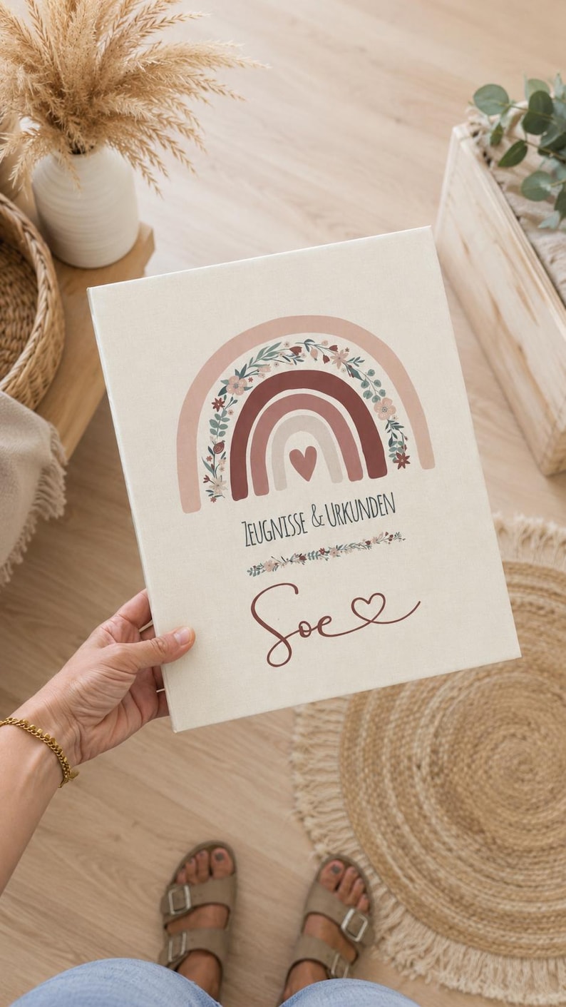 May include: A rectangular off-white binder featuring a printed design of a rainbow with floral accents and a central heart. The text "ZEUGNISSE & URKUNDEN" is printed above the name "Soe" followed by a small heart symbol in dark red ink.