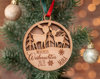 Mein erstes Weihnachten | Rehe Winterlandschaft | Anhänger personalisiert | Christbaumschmuck | Weihnachtsanhänger | Weihnachtsdeko