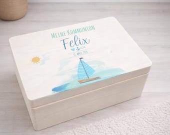 Personalisierte Erinnerungskiste | Holzkiste | Aufbewahrungskiste | Erinnerungsbox Kommunion Taufe Geburtstag | Holzkiste | Boot