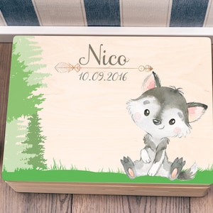 Personalisierte Erinnerungskiste | Holzkiste | Aufbewahrungskiste | Wolf Junge | Erinnerungsbox Baby Taufe | Holzkiste für Kinder | Boho