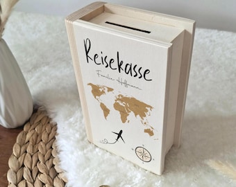 Libretto di risparmio personalizzato con nome - Salvadanaio - Legno - Regalo di Natale - Regalo di compleanno - Fondo di viaggio - Denaro per le vacanze