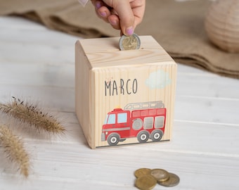 Money box child personalized with name, fire engine, money box, money cube wood, Christmas gift, money box baby, piggy bank,