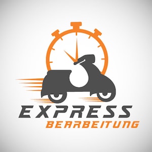 Könnte beinhalten: Ein schwarzes und oranges Logo mit einem Roller und einer Stoppuhr. Der Text "EXPRESS BEARBEITUNG" befindet sich unter dem Bild.