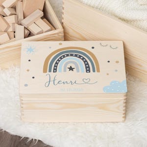Coffret souvenir personnalisé | Coffret en bois | Coffret de rangement | Souvenirs aux tons bleus arc-en-ciel | Coffret souvenir pour baptême, anniversaire