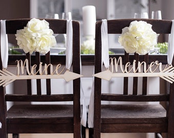 Stuhlschild · Stuhlgirlande · Pfeil für die Hochzeit 'Mein & Meiner' · Wanddeko Holz