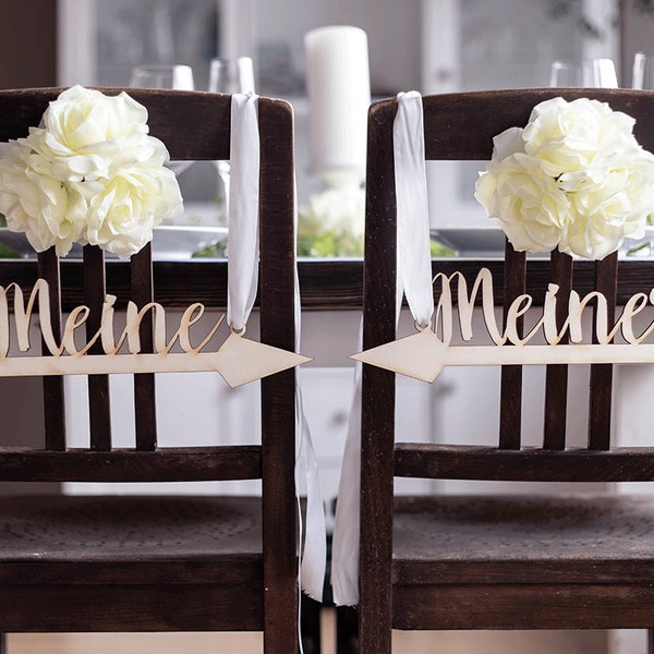 Stuhlschild · Stuhlgirlande · Pfeil für die Hochzeit 'Mein & Meiner' · Wanddeko Holz