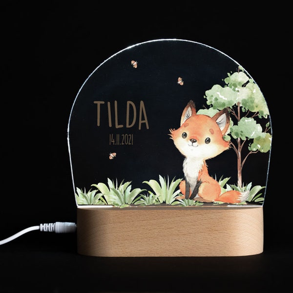 Nachtlicht personalisiert mit Name, Waldtier Fuchs aus Acryl Kinder, Geburt, Lampe Woodland Nachtlampe Kinderzimmer Schlaflicht Woodland Fox