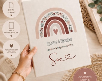 Personalisierter Zeugnisordner DIN A4 o. A5 | Regenbogen Boho | inkl. 5 Klarsichtfolien | Ordner für Zeugnisse & Urkunden | Geschenk Schule