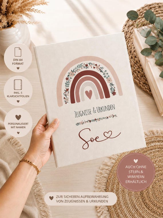 Personalisierter Zeugnisordner DIN A4 o. A5 | Regenbogen Boho | inkl. 5 Klarsichtfolien | Ordner für Zeugnisse & Urkunden | Geschenk Schule