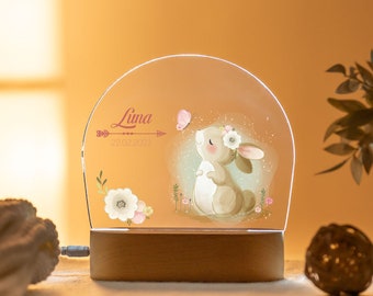 Nachtlicht personalisiert mit Name, Nachtlicht Baby Hase aus Acryl Kinder, Babygeschenk Geburt, Lampe Dinosaurier, Nachtlampe Kinderzimmer