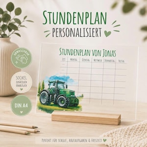 Personalisierter Stundenplan Traktor- Einschulungsgeschenk - Geburtstag - neues Schuljahr - Acrylglas abwischbar - grüner Traktor für Jungs