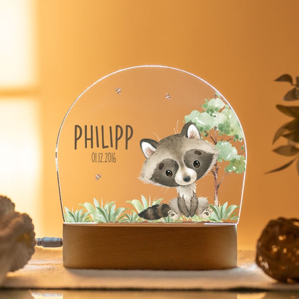 Veilleuse personnalisée avec nom, animal de la forêt, raton laveur en acrylique pour enfants, naissance, lampe de nuit Woodland, lampe de nuit pour chambre d'enfant Woodland