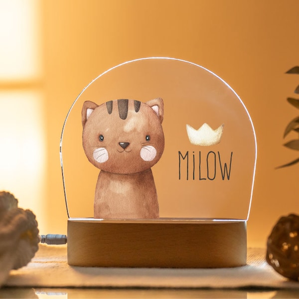 Nachtlicht personalisiert mit Name, Nachtlicht süße Katze aus Acryl Kinder, Baby, Geburt, Lampe niedliche Tiere, Nachtlampe Kinderzimmer,