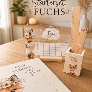 Set iniziale personalizzato con volpe | Cartella per pagelle e orario in acrilico | Portapenne in legno | Regalo per il ritorno a scuola | Primo giorno di scuola | Boho
