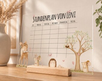 Emploi du temps personnalisé - Cadeau de rentrée scolaire - Anniversaire - Nouvel An scolaire - Verre acrylique lavable - École sur le thème des animaux de la forêt pour filles