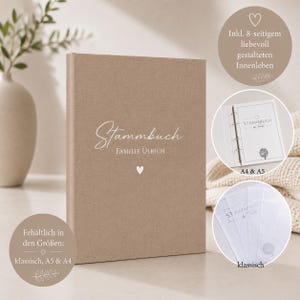Registre familial personnalisé en lin | Classique, A5 et A4 | Comprend un encart de 8 pages | Livre de famille | Cadeau de mariage | N° 301
