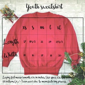 May include: Red youth sweatshirt with a size chart showing measurements in inches for sizes XS, S, M, L, and XL. The chart shows length and width measurements.