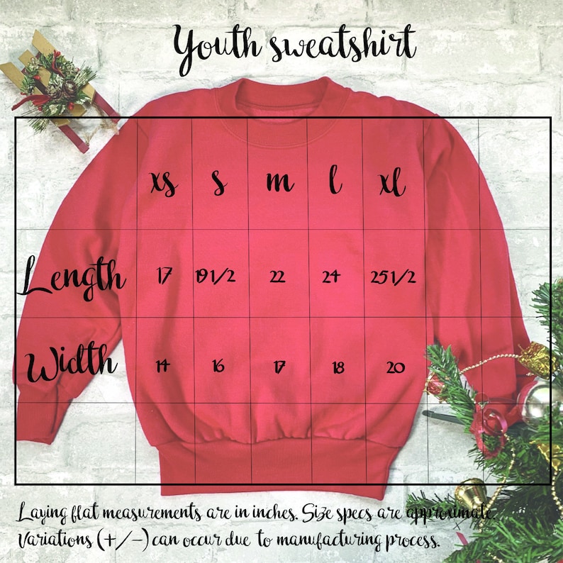 May include: Red youth sweatshirt with a size chart showing measurements in inches for sizes XS, S, M, L, and XL. The chart shows length and width measurements.