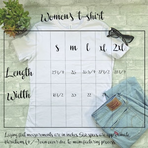 May include: A white t-shirt with a size chart showing measurements in inches for sizes small, medium, large, extra large, and 2 extra large. The chart shows the length and width of the shirt in inches.