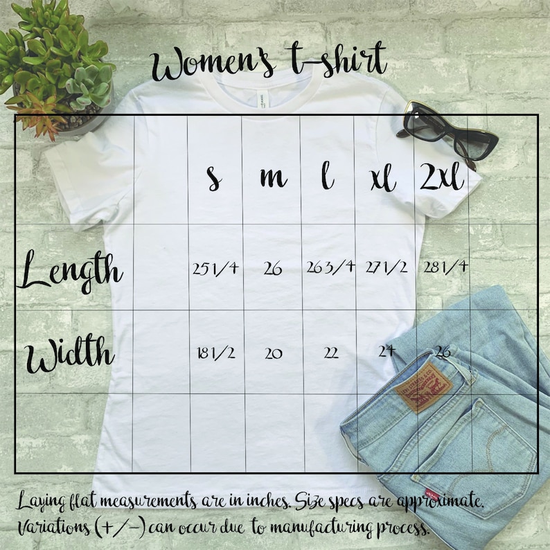 May include: A white t-shirt with a size chart showing measurements in inches for sizes small, medium, large, extra large, and 2 extra large. The chart shows the length and width of the shirt in inches.