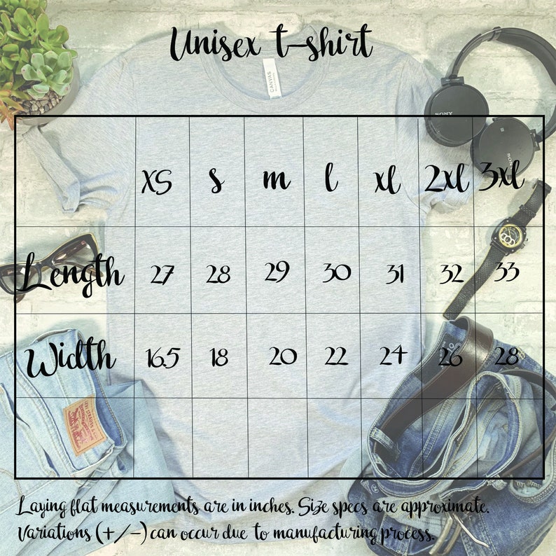 May include: Unisex t-shirt size chart with measurements in inches for XS, S, M, L, XL, 2XL, and 3XL. The chart shows the length and width of the shirt in inches.