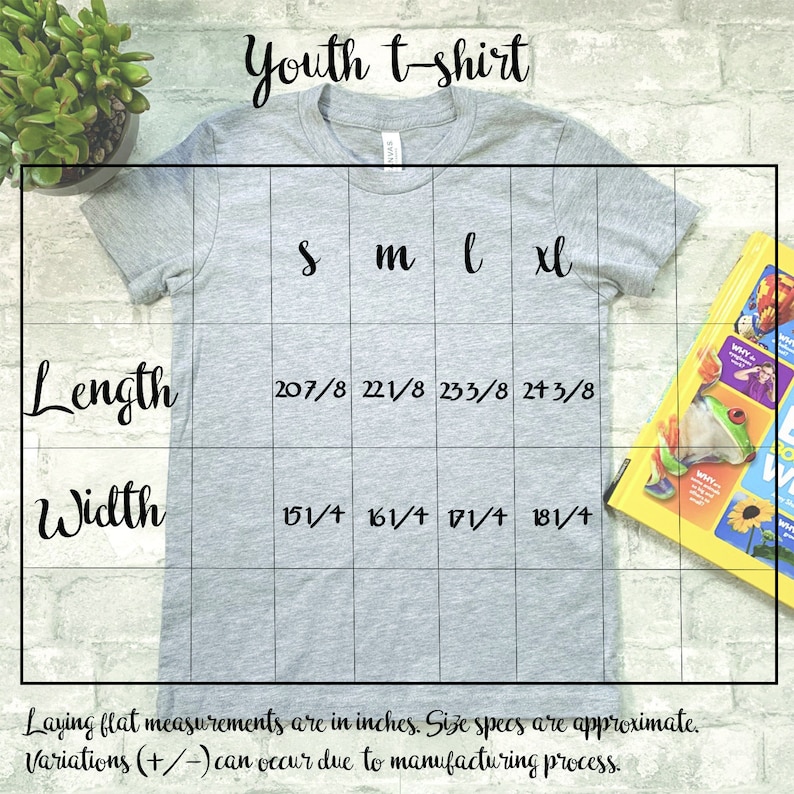May include: Gray youth t-shirt size chart with measurements in inches. The chart shows the length and width of the shirt in sizes S, M, L, and XL.