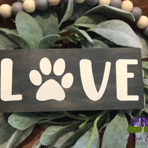 Love Paw Print Sign: Rustic Hand Painted Wood Shelf Sitter