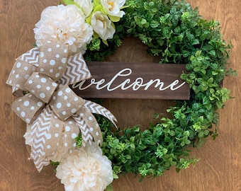 Hand Painted Welcome Wood Sign: Rustic Farmhouse Wreath Decor (12”x3.5”)