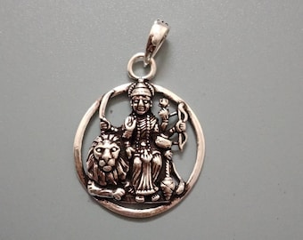 Durga pendant in sterling silver, Kaali, 925, Durga on Lion, Trishula, trident, sword, Blessing mudra, Goddess, mother