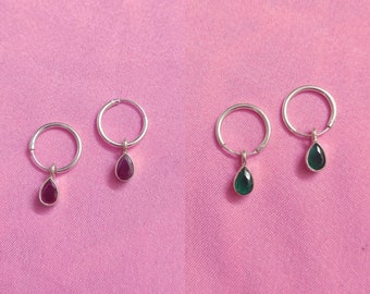 Sterling Silver Hoop Earrings, Drop Charm Earrings, Charm Earrings, Faceted Onyx Hoops, Minimal Jewelry, Hoop Earrings, Gift Ideas for Her