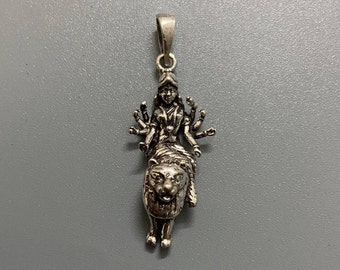 Durga pendant in sterling silver, Kaali, 925, Durga on Lion, Blessing mudra, Goddess, mother