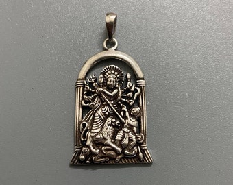 Mahishasuramardini pendant in sterling silver, Kaali, 925, Durga on Lion, Trishula, trident, sword, Blessing mudra, Goddess, mother