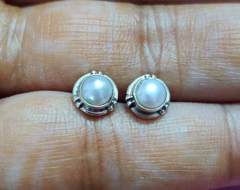 Pearl Earrings, Sterling Silver Studs, Handmade White Pearl Stud Earrings, Minimal Studs, Simple Stone Studs, 21g, Gift For Her