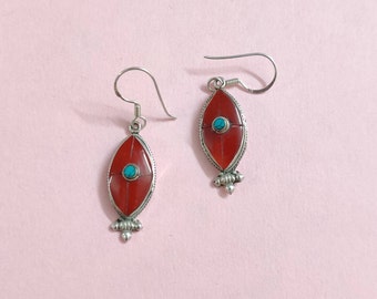 Coral Earrings, 92.5% Sterling Silver Tibetan Earrings, Red Stone Earrings, Dangle Earrings, Lightweight, Ready to Gift, For Her