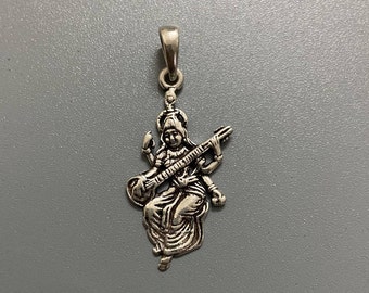 Saraswati pendant in sterling silver, saraswati playing Veena, Goddess of Knowledge, music, hindu goddess, spiritual gift, gift for yogi